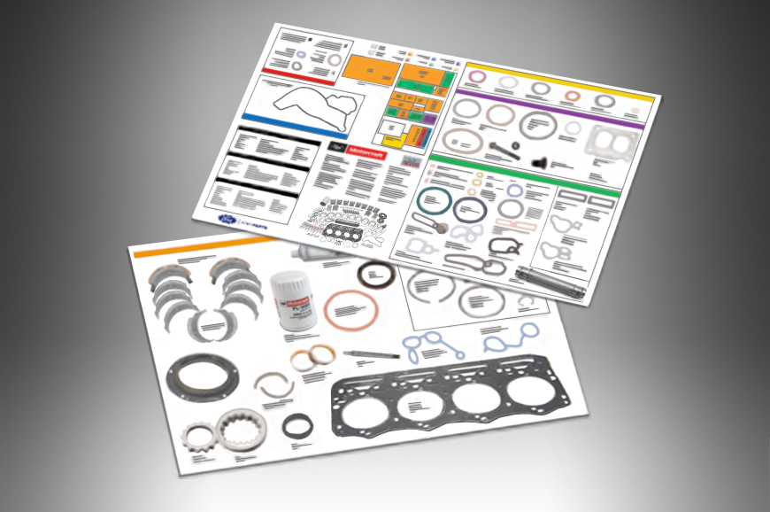 Two pages that label the various parts that are supplied in the Ford Overhaul Kit.