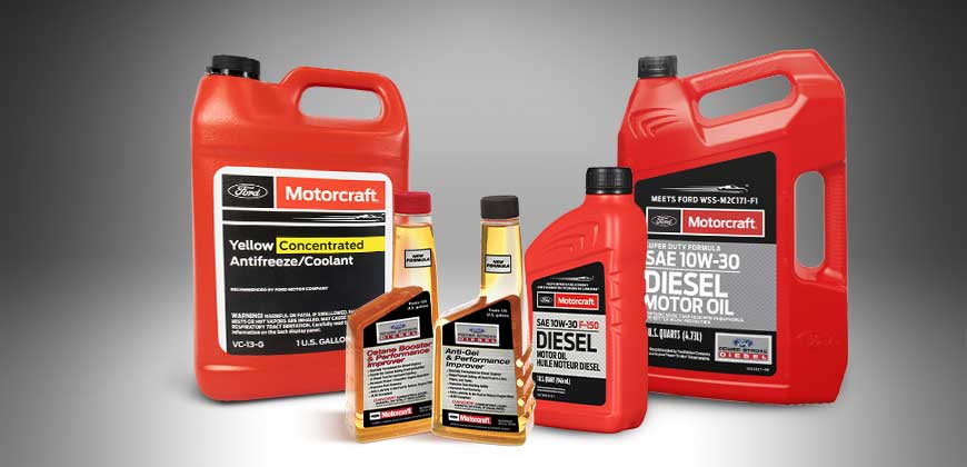 Motorcraft automotive fluids in their display bottles.