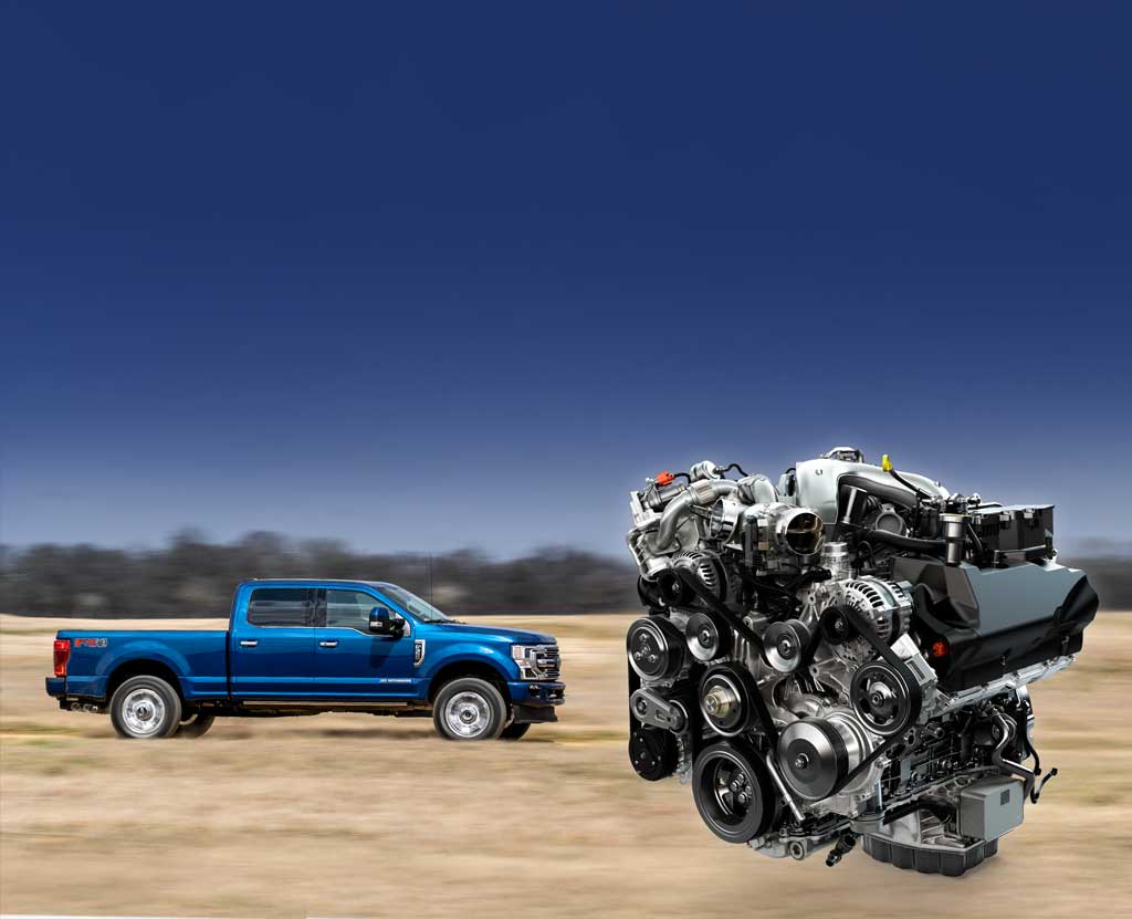 A Power Stroke Diesel Engine overlayed upon a scene of a blue Ford truck driving down a country road.