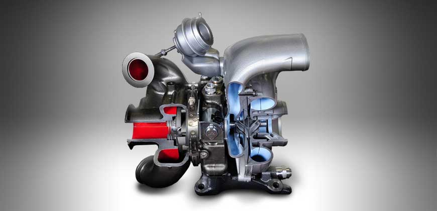 A cutaway view of the Single-sequential Honeywell Turbocharger.